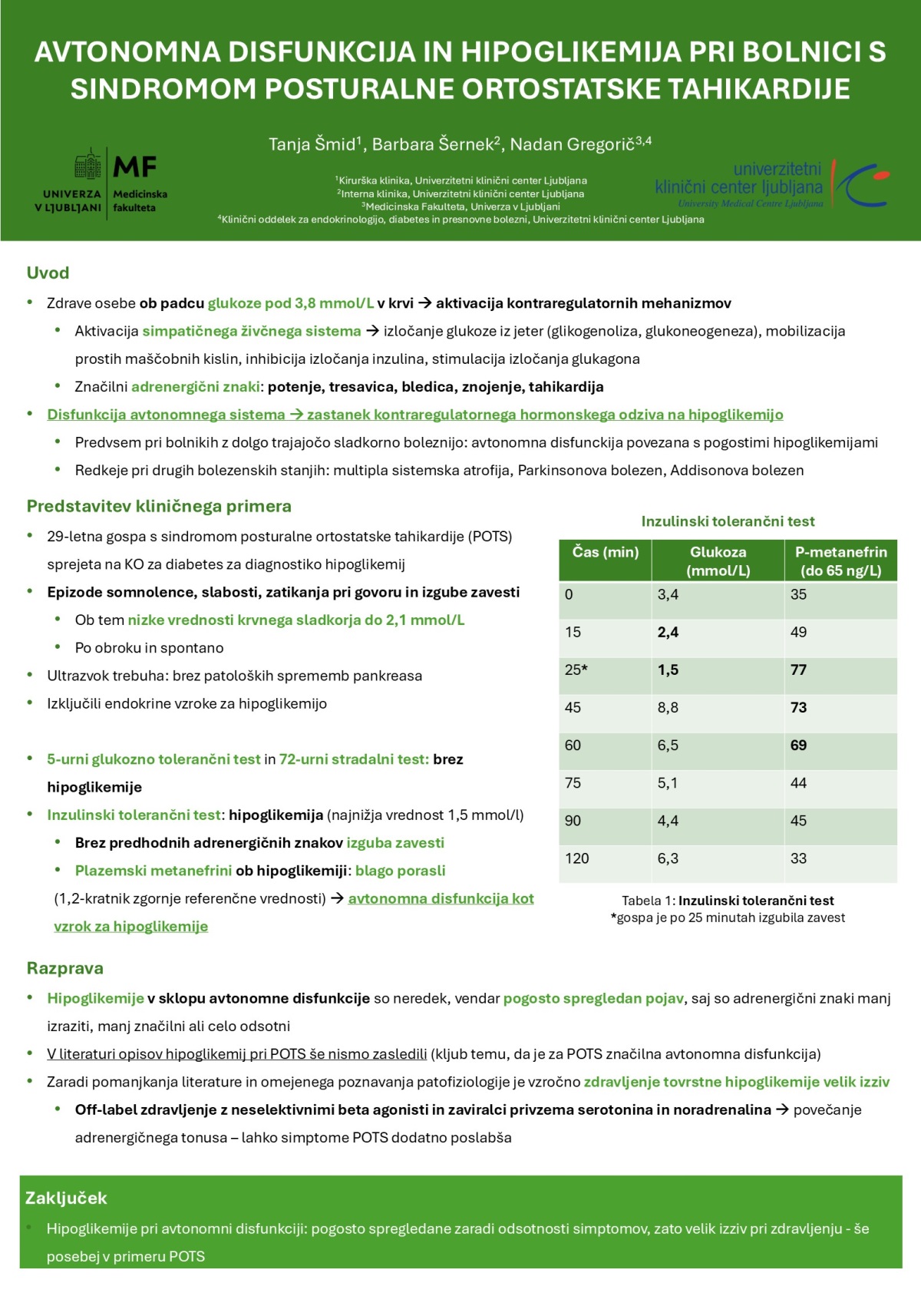 AVTONOMNA DISFUNKCIJA IN HIPOGLIKEMIJA PRI BOLNICI S POTS